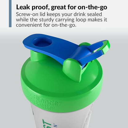 BioTRUST BlenderBottle Classic Shaker Bottle, 28-Ounce with loop, Clear/Green