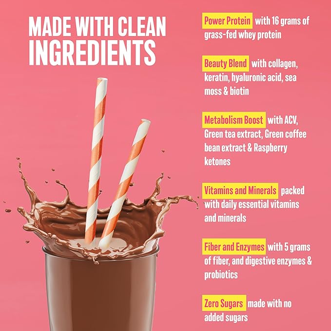 Lean Beauty Shake Protein Powder-Chocolate- Grass Fed Whey Protein, Hydrolyzed Collagen, Beauty Ingredients, Vitamins and Metabolism Support, No Sugars, All Natural, 20 Servings, Made in USA