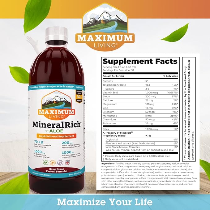 MineralRich Minerals Supplement with Aloe - Liquid Blend of Vitamins and Trace Minerals - 32 oz