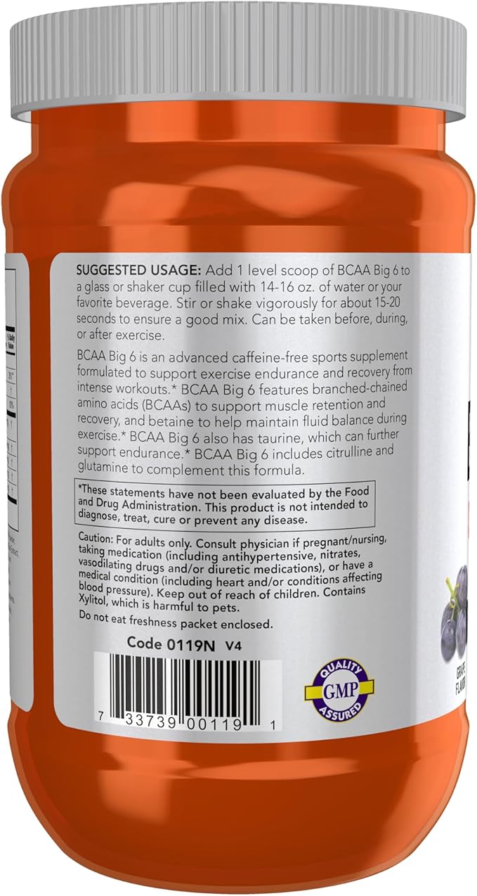 NOW Foods Sports Nutrition, BCAA (Branched Chain Amino Acids) Big 6, Grape Flavor, 600 Grams
