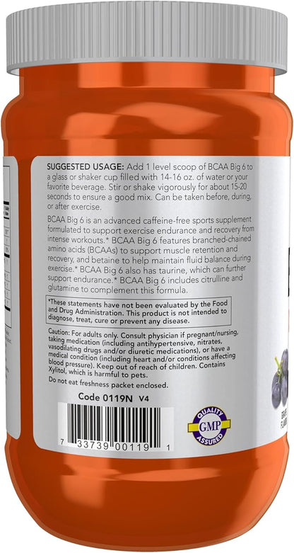 NOW Foods Sports Nutrition, BCAA (Branched Chain Amino Acids) Big 6, Grape Flavor, 600 Grams