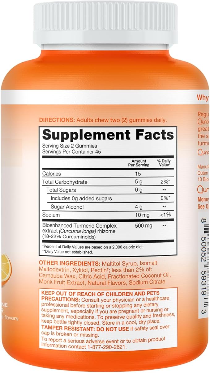 Qunol Zero Sugar Turmeric Gummies, Gummy with 500mg Turmeric Curcumin, Joint Support Supplement, Ultra High Absorption Tumeric Curcumin, Vegetarian, Gluten Free, 90 Count