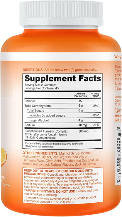Qunol Zero Sugar Turmeric Gummies, Gummy with 500mg Turmeric Curcumin, Joint Support Supplement, Ultra High Absorption Tumeric Curcumin, Vegetarian, Gluten Free, 90 Count