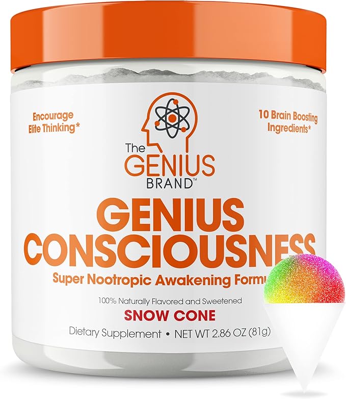 Genius Consciousness, Super Nootropic Brain Supplement Powder, Snow Cone - Focus, Cognitive Function, Concentration & Memory Booster - Alpha GPC & Lions Mane Mushroom for Neuro Energy