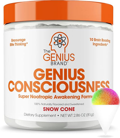 Genius Consciousness, Super Nootropic Brain Supplement Powder, Snow Cone - Focus, Cognitive Function, Concentration & Memory Booster - Alpha GPC & Lions Mane Mushroom for Neuro Energy