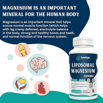 Liposomal Magnesium Complex 2200MG Softgels, Magnesium, Magnesium Glycinate, Magnesium Citrate, A Powerful Supplement, Gluten Free, 60 Softgels