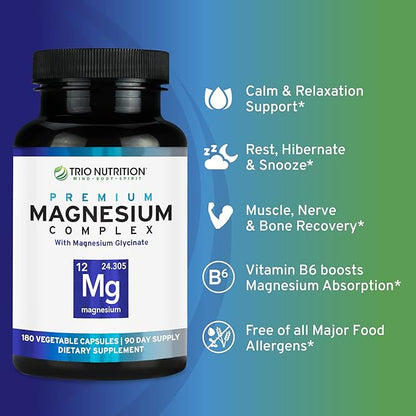 Trio Nutrition Magnesium Complex 90 Day Supply 420 mg | Calm, Relax, Stress Relief, and Muscle Recovery |Magnesium Glycinate Supplement with Vitamin B6 for Rapid Absorption*