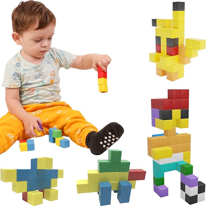 Magnetic Blocks, Magnetic Cubes Educational Toys, Original Award Winning Magnetic Building Blocks for Kids, 100 Pieces Rainbow Color Autism Toys Magic Cube Sensory Toys for Kids