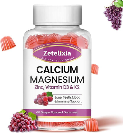 Calcium Gummies for Women Men, Calcium Magnesium Zinc with Vitamin D3 & K2, Calcium Magnesium Supplement for Bones Muscles and Joints, Grape Flavor - 60 Count