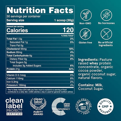 Puori Whey Protein Powder - Dark Chocolate - PW1 Pasture Raised, Grass-Fed & Non-GMO - 100% Natural and Pure for Muscle Growth - 21g Protein 1.98lbs - Gluten-Free