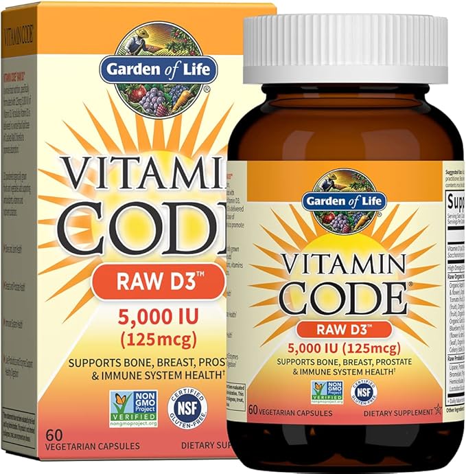 Garden of Life Vitamin D, Vitamin Code Raw D3, Vitamin D 5,000 IU, Raw Whole Food Vitamin D Supplements with Chlorella, Fruit, Veggies & Probiotics for Bone & Immune Health. 60 Vegetarian Capsules