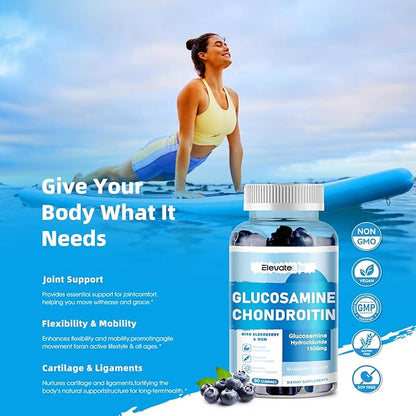 Glucosamine Chondroitin Gummies - Extra Strength Joint Support Supplement with MSM & Elderberry for Natural Joint, Antioxidant Immune Support for Adults, Men & Women 90 Blueberry Gummies