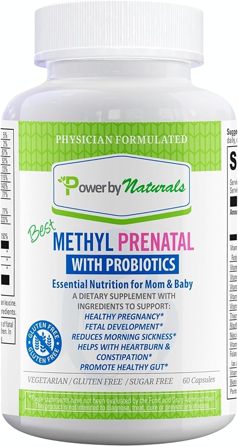 Power By Naturals Prenatal Probiotic Blend Vitamins w/Methylfolate, B12, Iron, Ginger & 27+ Essential Nutrients for Healthy Pregnancy, Prenatal Probiotics for Women, Pregnancy Probiotic, 60 Capsules