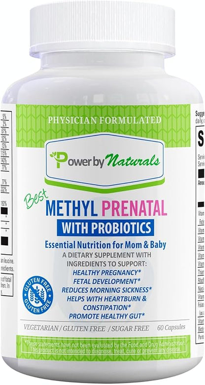 Power By Naturals Prenatal Probiotic Blend Vitamins w/Methylfolate, B12, Iron, Ginger & 27+ Essential Nutrients for Healthy Pregnancy, Prenatal Probiotics for Women, Pregnancy Probiotic, 60 Capsules