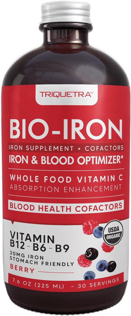 Liquid Iron Supplement | Organic Certified, Berry Flavor - Whole Food Vitamin C Absorption Boost & Blood Building B Vitamins - Methyl B12, L-Methylfolate & B6 - Supports Healthy Iron Levels - 7.6 oz