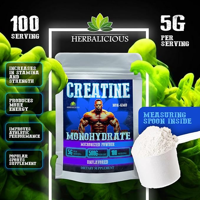 Creatine Monohydrate Micronized Powder – 5g per Serving for Muscle Growth, Strength, and Power – Unflavored, Non-GMO Formula – 100 Serving, 500g