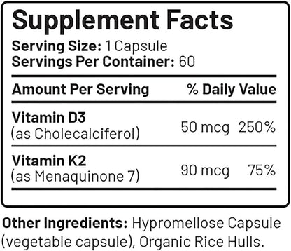 LIVEGOOD™ Vitamin D3 + K2 All Natural Bone, Muscle & Immune System Support, Vegan & Non-GMO, 60 Capsules