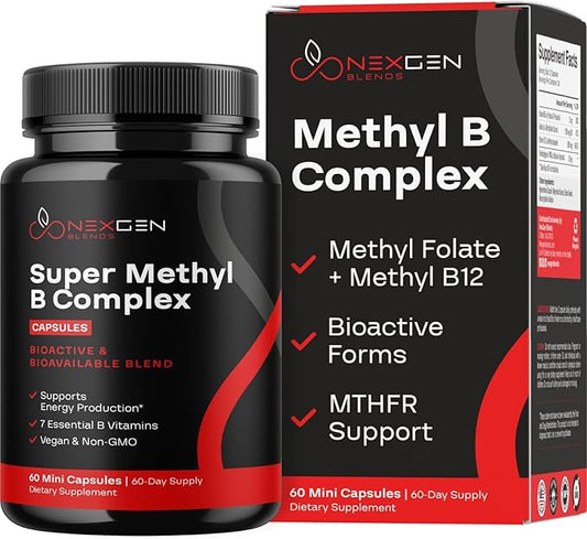 Methylated B Complex Vitamin Supplement - Bioactive Methyl B Complex with 5-MTHF Methyl Folate & B12 Methylcobalamin for Brain Heart Energy & Homocysteine Support - Super Vitamin B Complex - 60 Caps