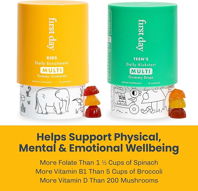 FIRST DAY Multivitamin Gummies Bundle for Kids & Teens – Vitamins A, B, C, D & K + Folate, Magnesium, & Zinc – Made w/Organic Fruits & Veggies, Only 2g Sugar – 2-Pk, 30 Day Supply Each