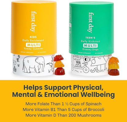 FIRST DAY Multivitamin Gummies Bundle for Kids & Teens – Vitamins A, B, C, D & K + Folate, Magnesium, & Zinc – Made w/Organic Fruits & Veggies, Only 2g Sugar – 2-Pk, 30 Day Supply Each