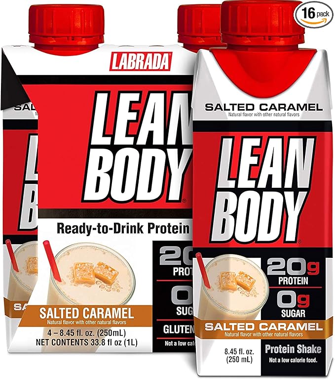 LABRADA NUTRITION - Lean Body RTD Whey Protein Shake, Convenient On-The-Go Meal Replacement Shake for Men & Women, 20 grams of Protein – Zero Sugar, Lactose & Gluten Free, Salted Caramel (Pack of 16)