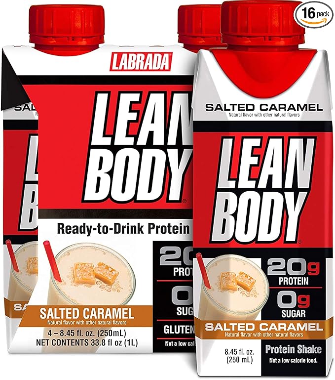 LABRADA NUTRITION - Lean Body RTD Whey Protein Shake, Convenient On-The-Go Meal Replacement Shake for Men & Women, 20 grams of Protein – Zero Sugar, Lactose & Gluten Free, Salted Caramel (Pack of 16)