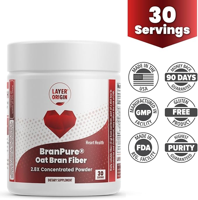 Layer Origin BranPure Super Concentrated Oat Bran Fiber Supplement - Heart Health Fiber, 1.5g Soluble Oat Beta-Glucan per Serving, Powder, 30 Servings