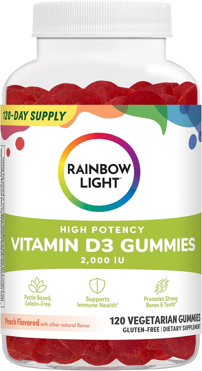 Rainbow Light Vitamin D Gummies, High Potency Vitamin D3 2,000IU Immune Health Support, Helps Support Strong Bones & Teeth, Gluten Free, Vegan, Peach, 120 Gummies