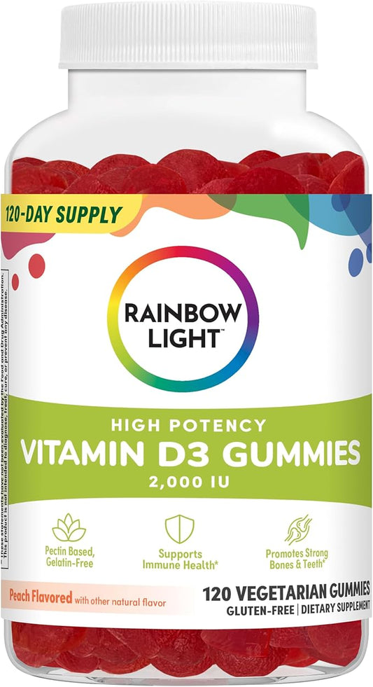 Rainbow Light Vitamin D Gummies, High Potency Vitamin D3 2,000IU Immune Health Support, Helps Support Strong Bones & Teeth, Gluten Free, Vegan, Peach, 120 Gummies