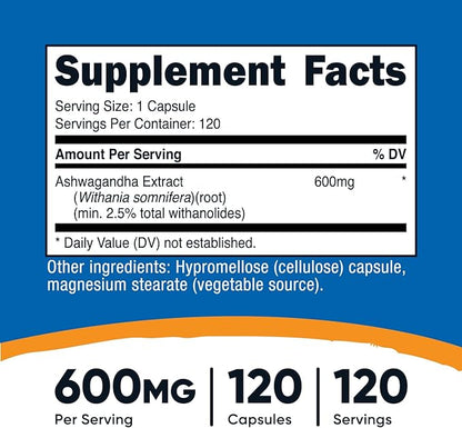 Nutricost Ashwagandha Herbal Supplement 600mg, 120 Capsules - Vegetarian, Non-GMO, Gluten Free, Ashwagandha Root
