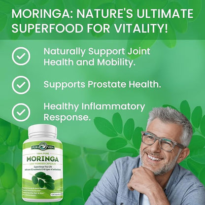 PURA VIDA MORINGA Capsules Single Origin Moringa Powder Organic. Moringa Leaf. Energy, Metabolism, & Immune Support. 120ct. 500mg Caps.