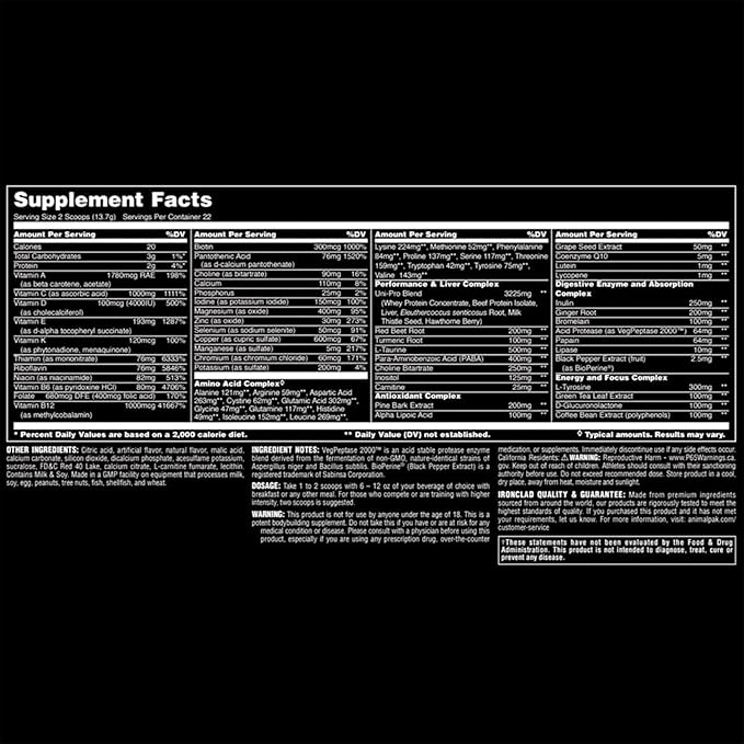 Animal Pak – Convenient All-in-One Vitamin & Supplement Powder – Zinc, Vitamins C, B, D, Amino Acids and More – Sports Nutrition Performance Multivitamin for Women & Men – 44 Scoops, Orange Crushed