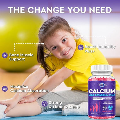 Calcium Potassium Magnesium Gummies for Kids & Adults, with Hydrolyzed Collagen, Zinc, Phosphorus, Multivitamin for Sleep, Bone Strength, Density Support, Sugar Free,Raspberry 60 Gummies