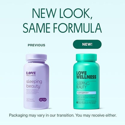 Love Wellness Sleeping Beauty | Sleep Support with Melatonin, Magnesium & L-Theanine | Promotes Restful Sleep, Relaxation & Calmness | Organic Valerian Root Powder & Lemon Balm | 60 Count