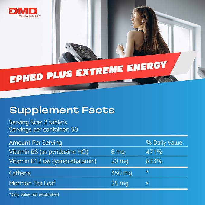 Ephed Plus Extreme Energy with Mormon Tea, 350 mg Caffeine Supplement with Vitamin B6, B12, and 25mg Mormon Tea per 2 Capsule Serving, 100 Capsules