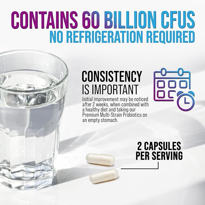 Daily Probiotic and Acidophilus Supplement 60 Billion CFU 10 Strains Capsule for Women & Men - Digestive Gut & Immune Health Support - Supports Occasional Constipation, Gas & Bloating - 60 Capsules