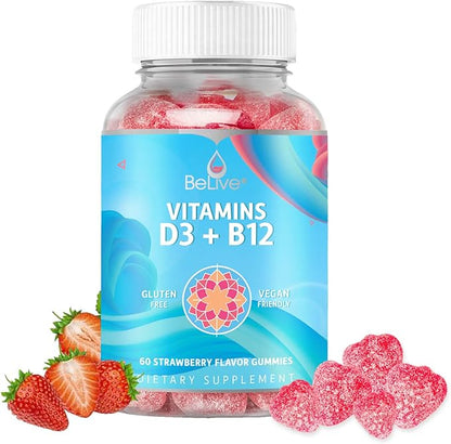 BeLive Vitamin D3 Gummies with B12 Vitamins - 60 Ct I Immune Support Gummies with Vegan Vitamin B12 & D3, Provides Enhanced Bone & Muscle Strength, Hearth Health and Energy - Strawberry Flavor