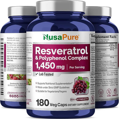 NusaPure Resveratrol & Polyphenol Complex 1450mg 180 Vegetarian Caps (Non-GMO, Vegan) Vitamin C