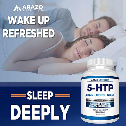 Arazo Nutrition 5-HTP 200 MG Plus Calcium for Mood, Sleep – Supports Calm and Relaxed Mood – 99% High Purity – 120 Capsules
