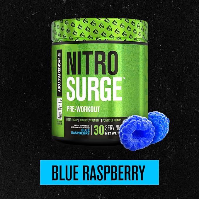 Jacked Factory NITROSURGE Pre Workout Supplement - Energy Booster, Instant Strength Gains, Clear Focus, & Intense Pumps - NO Booster & Powerful Preworkout Energy Powder - 60 Servings, Blue Raspberry