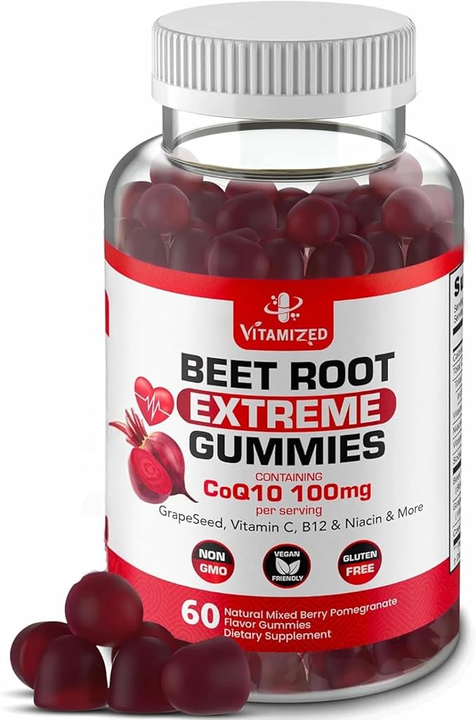 Extreme Beetroot Formula & COQ10 100mg with Grape Seed Extract, for Circulation Energy & Flow, 1500mg Beet Root Gummies Extract Gluten Free 60