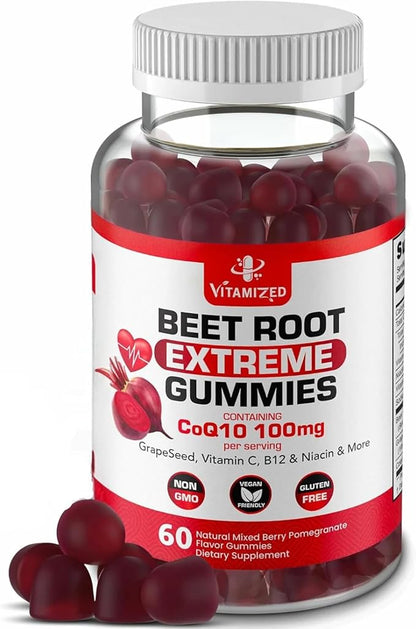Extreme Beetroot Formula & COQ10 100mg with Grape Seed Extract, for Circulation Energy & Flow, 1500mg Beet Root Gummies Extract Gluten Free 60