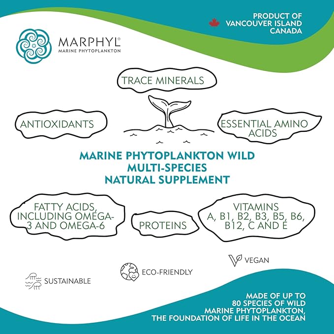 MARPHYL Marine Phytoplankton Wild Multi Species Natural Supplement - 150 mg per Capsule - Organic - 30 Vegan Capsules - from Vancouver Island, Canada