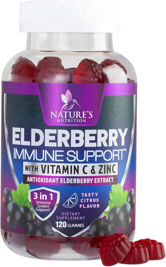 Immune Support Gummies - Powerful Sambucus Elderberry Gummies with Elderberry Extract, Zinc & Vitamin C Gummy, Max Potency Natural Vegan Immune Support Supplement for Adults & Children - 120 Gummies