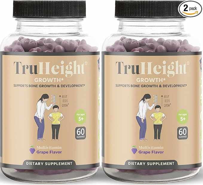 TruHeight Growth Gummies (Grape) Natural Growth & Development Supplement for Kids & Teens - Endorsed by Pediatricians - Vitamin D, K, Calcium & Ashwaganda - Bone Strength - Kids Vitamins - Ages 5+