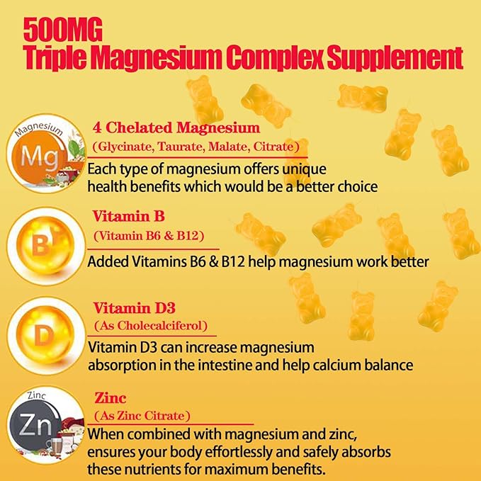 Triple Magnesium Complex Gummies Supplement for Women & Men Sugar Free High Absorption Magnesium Glycinate, Taurate, Malate, Citrate Complex Supplement with Vitamin B6, B12 & D3 for Adult…