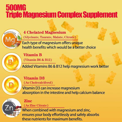 Triple Magnesium Complex Gummies Supplement for Women & Men Sugar Free High Absorption Magnesium Glycinate, Taurate, Malate, Citrate Complex Supplement with Vitamin B6, B12 & D3 for Adult…