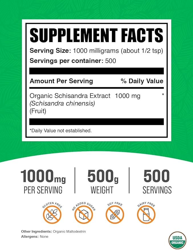 BulkSupplements.com Organic Schisandra Extract Powder - Schisandra Supplement, from Schisandra Berries - Herbal Supplement, Gluten Free - 1000mg per Serving, 500g (1.1 lbs) (Pack of 1)