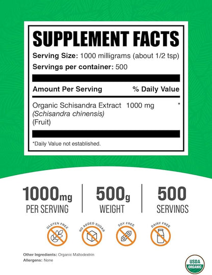 BulkSupplements.com Organic Schisandra Extract Powder - Schisandra Supplement, from Schisandra Berries - Herbal Supplement, Gluten Free - 1000mg per Serving, 500g (1.1 lbs) (Pack of 1)