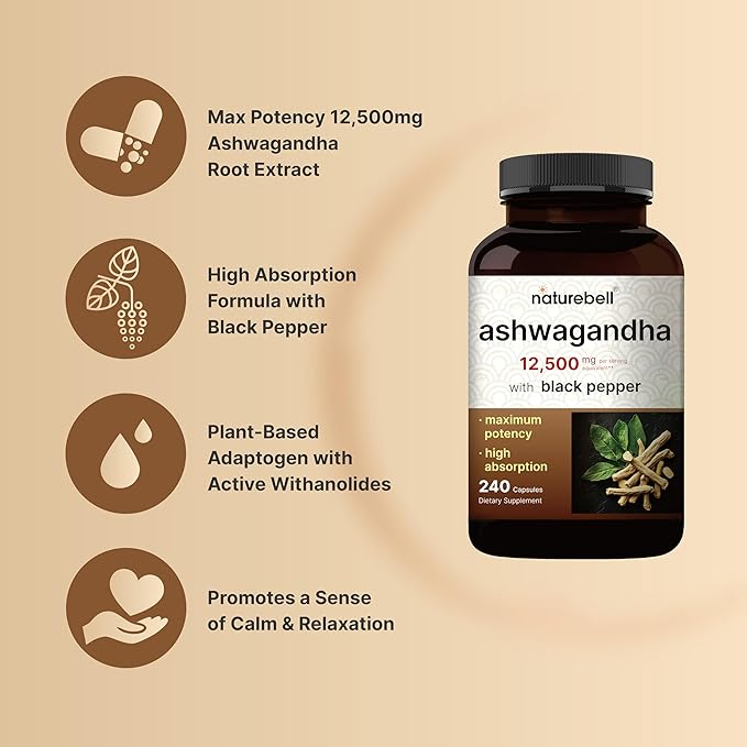 NatureBell Ashwagandha 12,500 mg Equivalent with Black Pepper, 240 Capsules | High Absorption Complex – Extra Strength 25:1 Root Extract – Adaptogens Supplements for Relaxation – Non-GMO